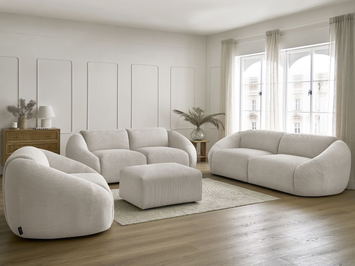 Ensemble canapé droit fixe 3 + 2 places + fauteuil TINA velours côtelé avec pouf