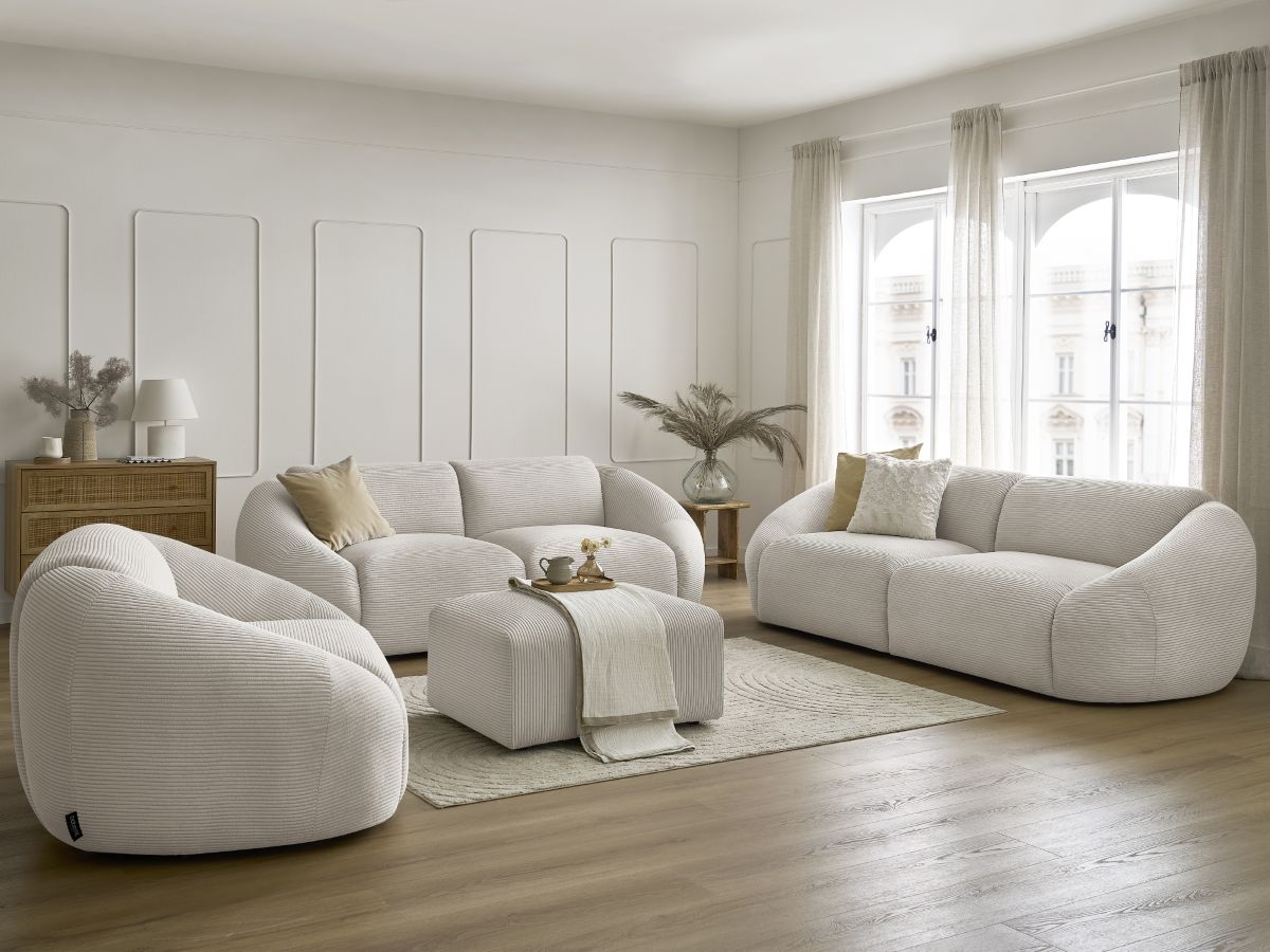 Ensemble canapé droit fixe 3 + 2 places + fauteuil TINA velours côtelé avec pouf