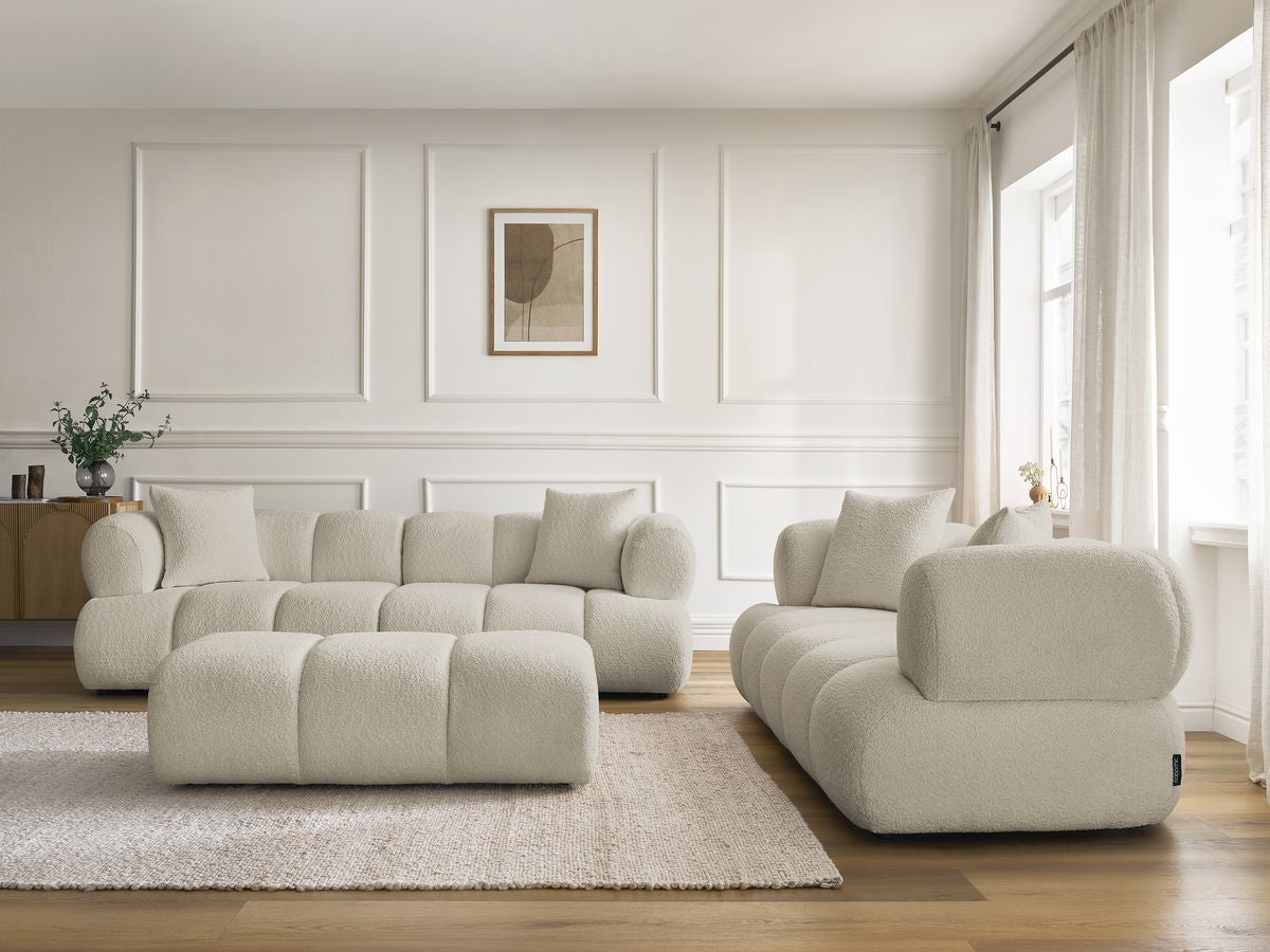 Ensemble canapé droit fixe 3 + 2 places PAMIRA tissu bouclette avec pouf