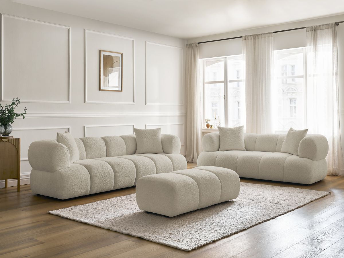 Ensemble canapé droit fixe 3 + 2 places PAMIRA tissu bouclette avec pouf