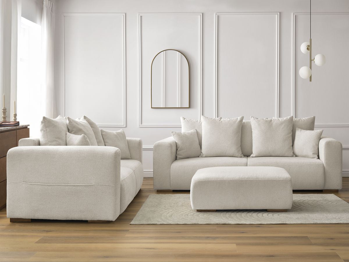 Ensemble canapé droit fixe 3 + 2 places SIDONIE tissu chiné avec pouf