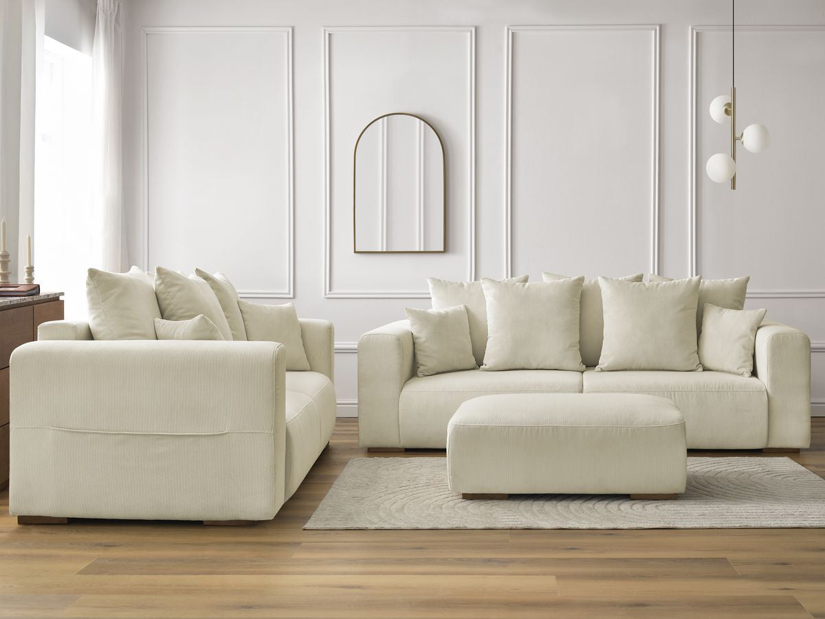 Ensemble canapé droit fixe 3 + 2 places SIDONIE velours côtelé avec pouf