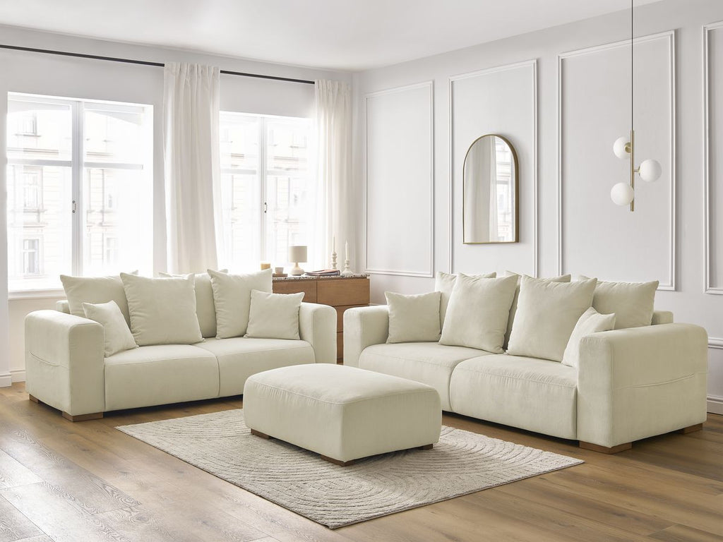 Ensemble canapé droit fixe 3 + 2 places SIDONIE velours côtelé avec pouf