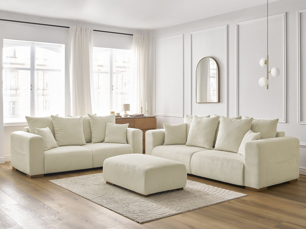 Ensemble canapé droit fixe 3 + 2 places SIDONIE velours côtelé avec pouf