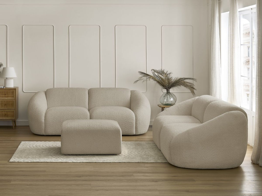 Ensemble canapé droit fixe 3 + 2 places TINA tissu bouclette avec pouf