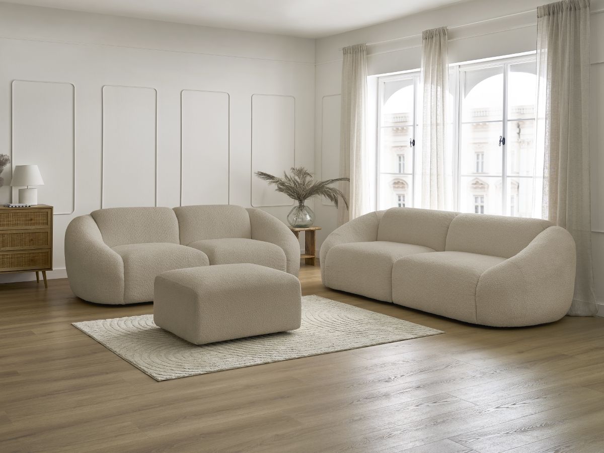 Ensemble canapé droit fixe 3 + 2 places TINA tissu bouclette avec pouf