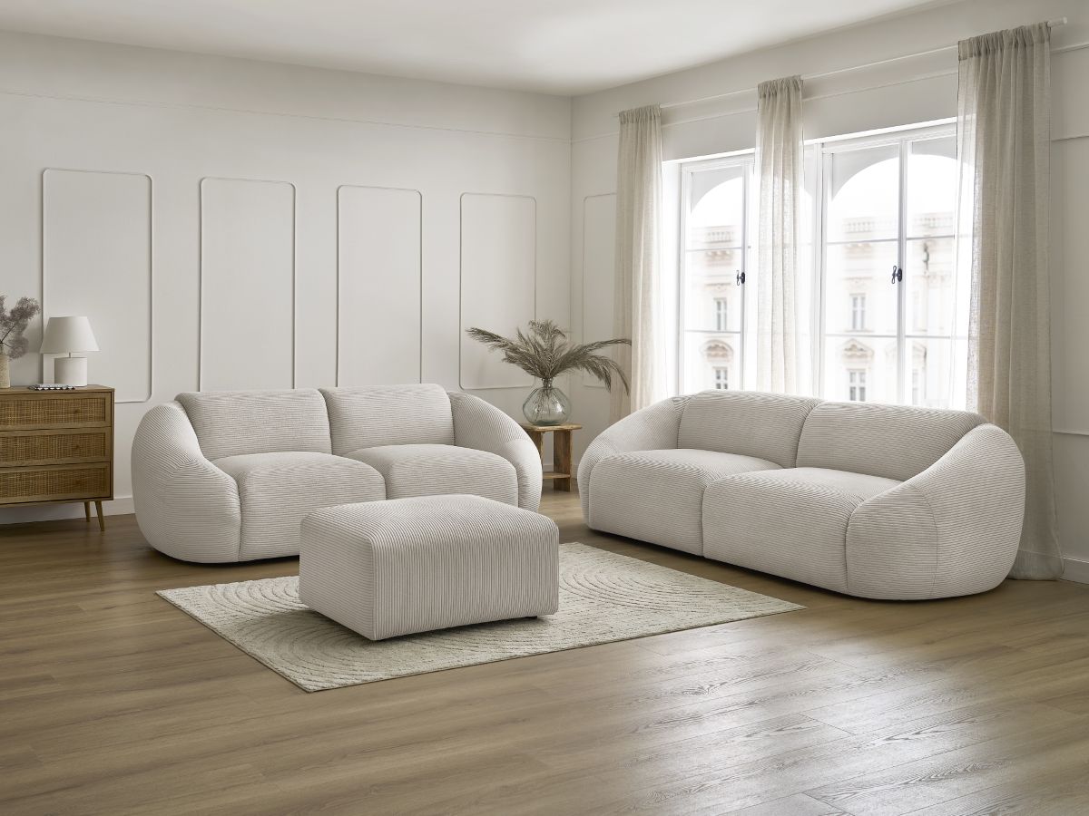 Ensemble canapé droit fixe 3 + 2 places TINA velours côtelé avec pouf