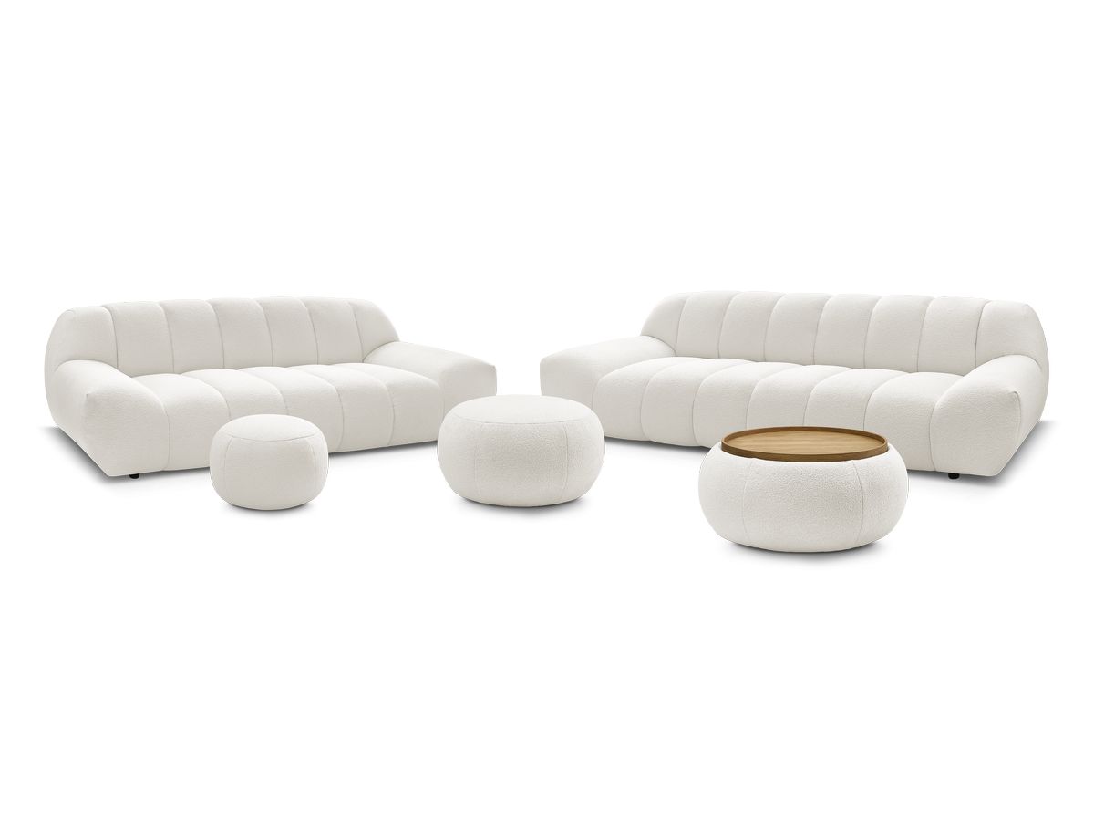 Ensemble canapé droit fixe 3 + 2 places HAYDEN tissu bouclette avec 1 pouf grand avec plateau, 1 pouf grand et 1 pouf pe
