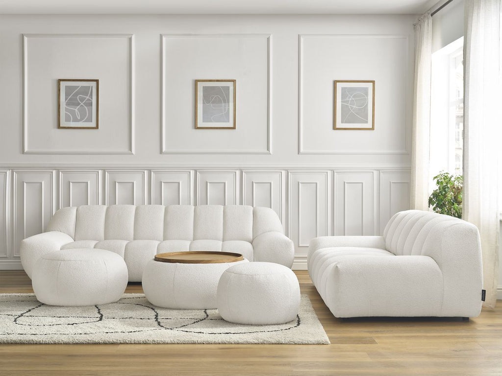 Ensemble canapé droit fixe 3 + 2 places HAYDEN tissu bouclette avec 1 pouf grand avec plateau, 1 pouf grand et 1 pouf pe