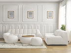 Ensemble canapé droit fixe 3 + 2 places HAYDEN tissu bouclette avec 1 pouf grand avec plateau, 1 pouf grand et 1 pouf pe
