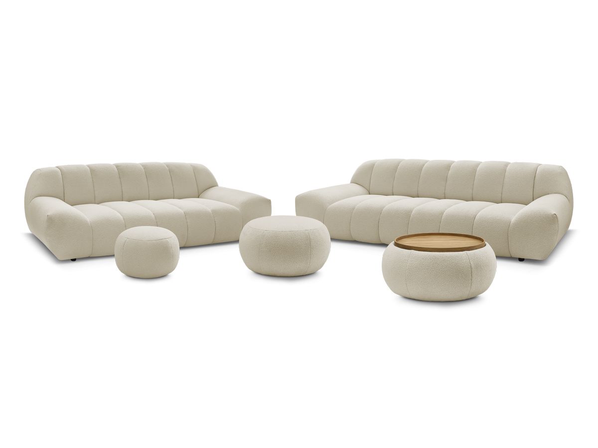 Ensemble canapé droit fixe 3 + 2 places HAYDEN tissu bouclette avec 1 pouf grand avec plateau, 1 pouf grand et 1 pouf petit