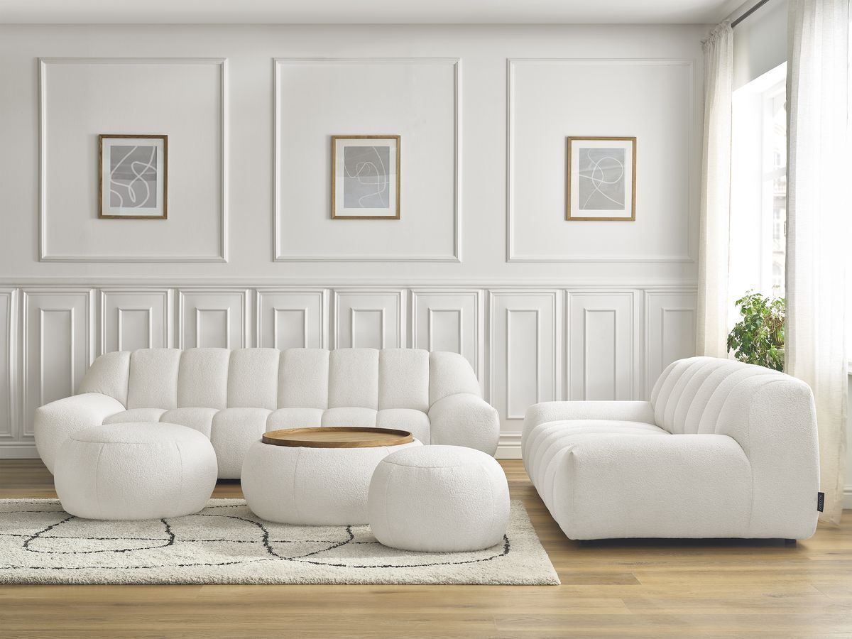 Ensemble canapé droit fixe 3 + 2 places HAYDEN tissu bouclette avec 1 pouf grand avec plateau, 1 pouf grand et 1 pouf pe