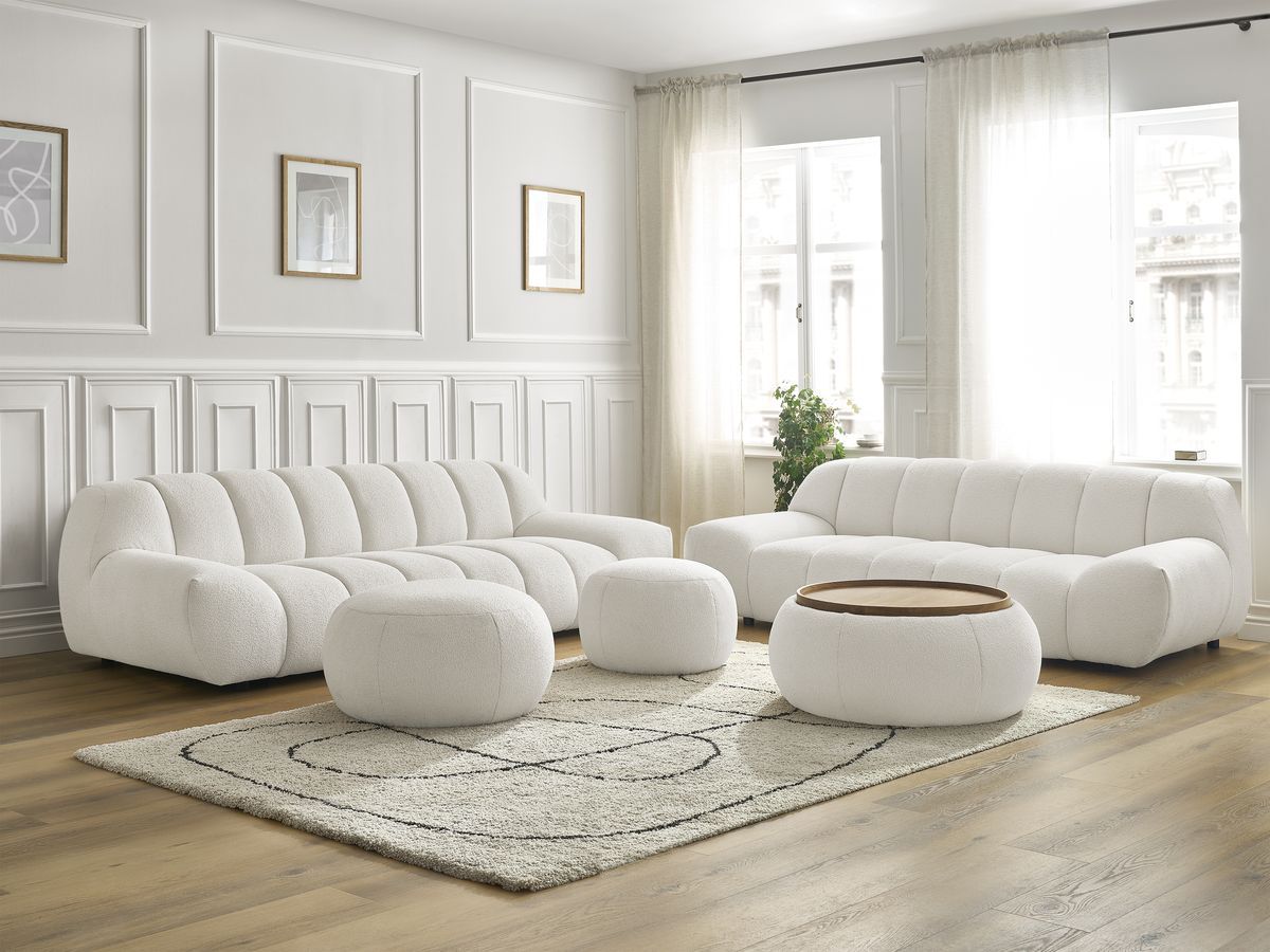 Ensemble canapé droit fixe 3 + 2 places HAYDEN tissu bouclette avec 1 pouf grand avec plateau, 1 pouf grand et 1 pouf pe