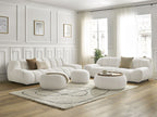 Ensemble canapé droit fixe 3 + 2 places HAYDEN tissu bouclette avec 1 pouf grand avec plateau, 1 pouf grand et 1 pouf pe