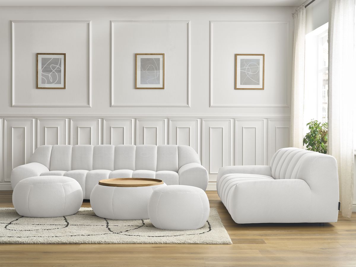 Ensemble canapé droit fixe 3 + 2 places HAYDEN tissu mesh avec 1 pouf grand avec plateau, 1 pouf grand et 1 pouf petit