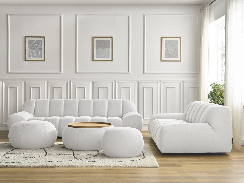 Ensemble canapé droit fixe 3 + 2 places HAYDEN tissu mesh avec 1 pouf grand avec plateau, 1 pouf grand et 1 pouf petit