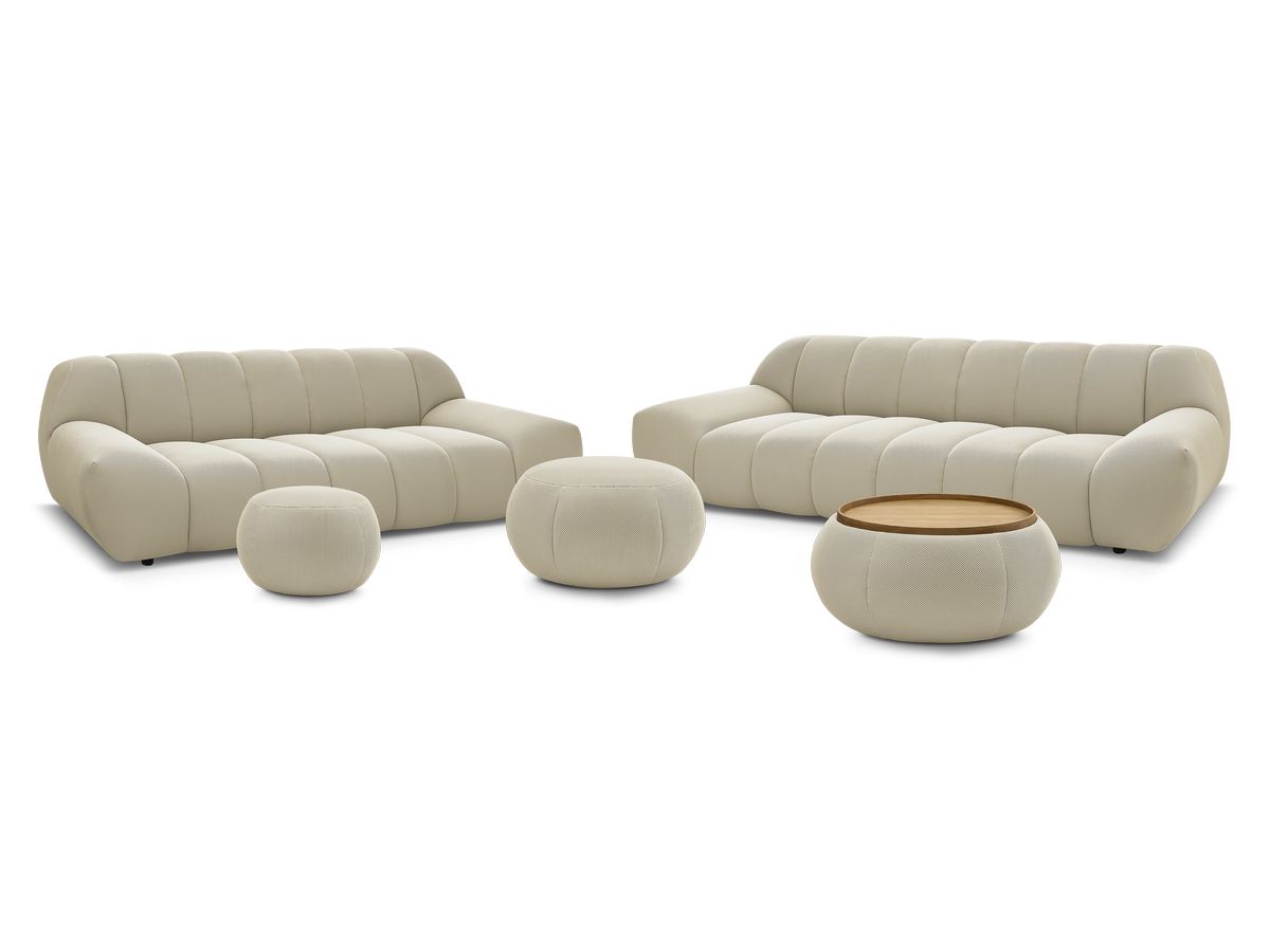 Ensemble canapé droit fixe 3 + 2 places HAYDEN tissu mesh avec 1 pouf grand avec plateau, 1 pouf grand et 1 pouf petit