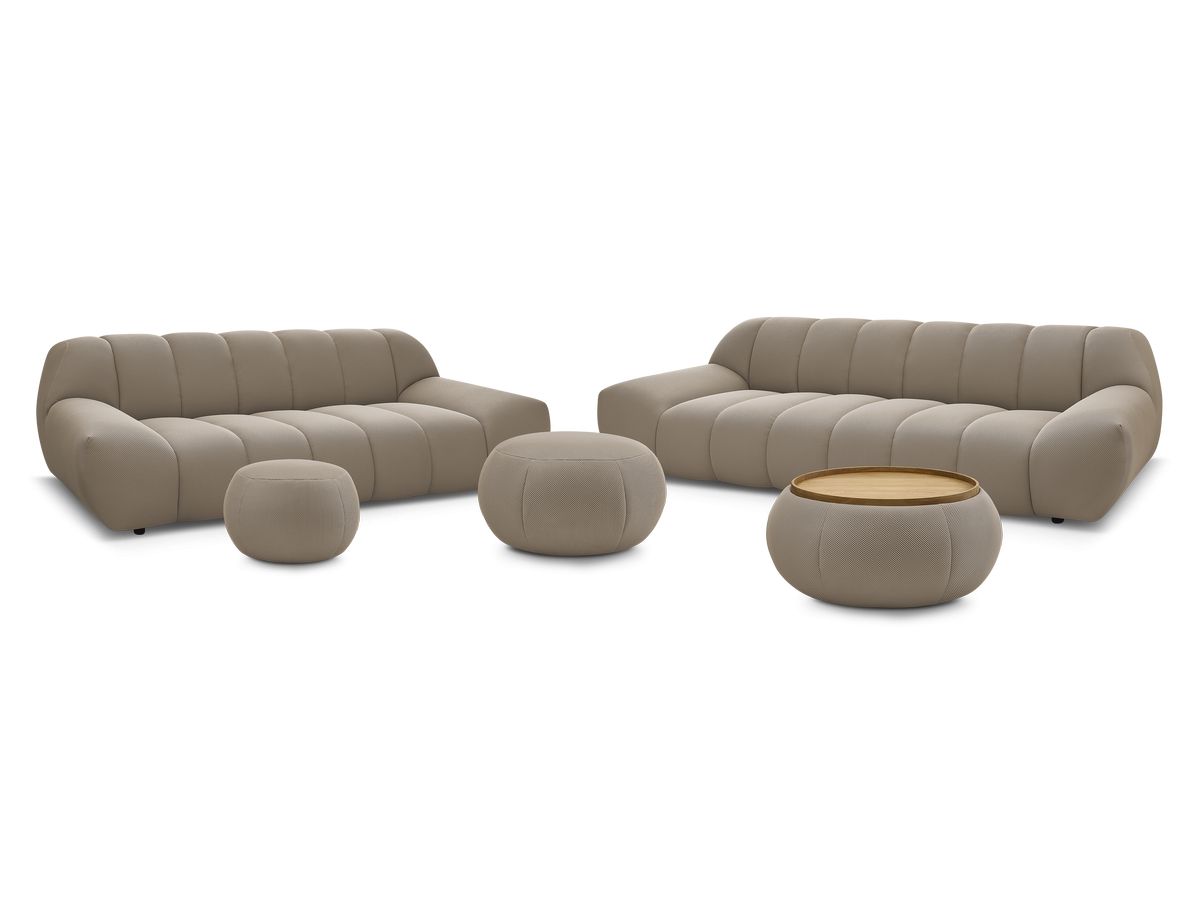 Ensemble canapé droit fixe 3 + 2 places HAYDEN tissu mesh avec 1 pouf grand avec plateau, 1 pouf grand et 1 pouf petit